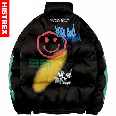 2022 chaqueta de Hip Hop Parka estampado con carita sonriente hombres chaqueta Streetwear Harajuku invierno chaqueta acolchada abrigo prendas de vestir de nuevo ► Foto 1/6