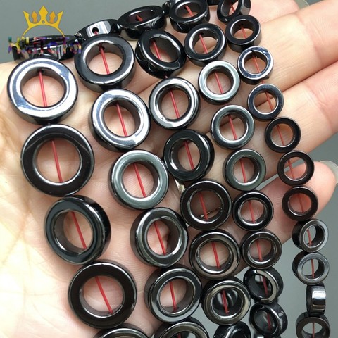 Cuentas redondas de piedra Natural de hematita negra para fabricación de joyas, cuentas huecas para pulsera de 15 