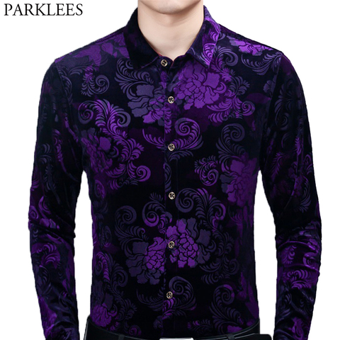 Elegante púrpura Floral vestido camisa hombres 2022 nueva marca Slim de terciopelo camisas para hombre Casual de manga larga botón abajo camisa ► Foto 1/6