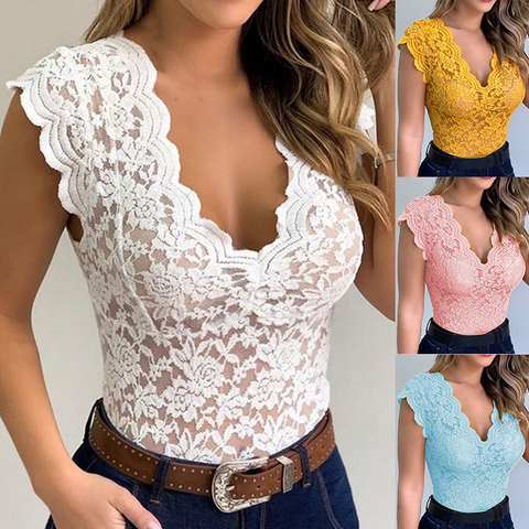 Camiseta sin mangas de encaje con cuello de pico para mujer, ropa interior informal, cómoda, de talla grande ► Foto 1/6