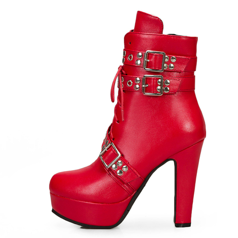 Botines de plataforma con cordones para mujer, botas cortas de tacón alto con hebilla en rojo, amarillo y blanco, punta redonda, zapatos sexys de talla grande 48 ► Foto 1/6