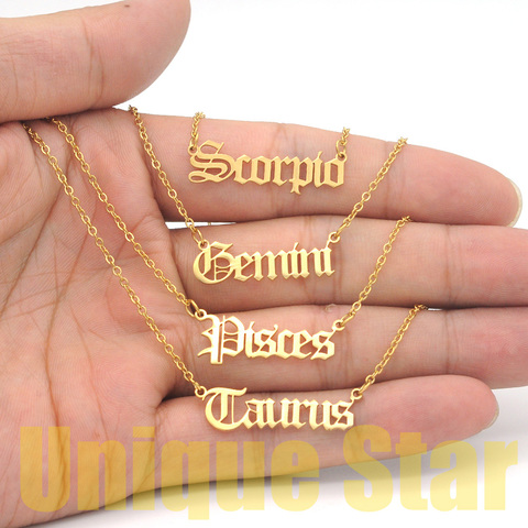 12 unids/set venta al por mayor 100% de acero inoxidable viejo inglés Carta del zodiaco Collar para las mujeres Aries horóscopo joyería de moda collares ► Foto 1/6