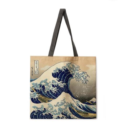 Bolso de mano con estampado ukiyoe de estilo japonés, bolsa de tela de lino, informal, plegable, para compras, para exteriores, para playa, para todos los días ► Foto 1/5