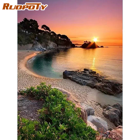 RUOPOTY-cuadro de pintura artesanal por números, pintura de puesta de sol junto al mar, lienzo acrílico, paisaje, imagen artística de pared moderna, regalo artesanal, 60x75cm ► Foto 1/6