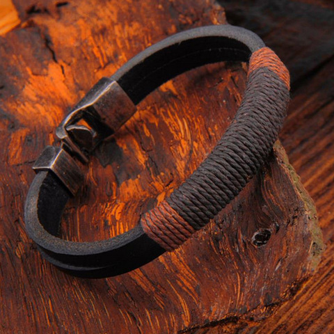 Pulsera de cuerda de cáñamo de cuero negro y titanio para hombre y mujer, brazalete de cuero sintético tejido a mano, joyería Retro ► Foto 1/6