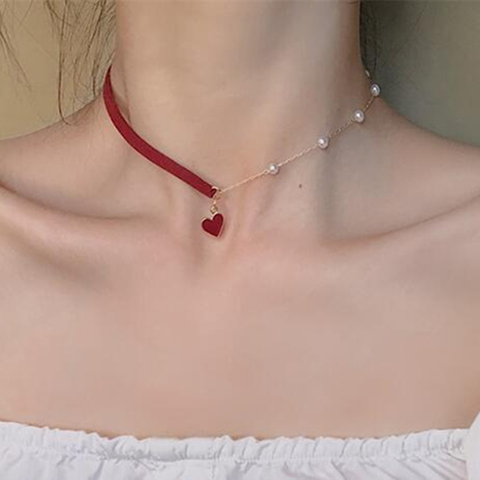 Collar de temperamento sencillo con corazón rojo y perlas para mujer, venta al por mayor ► Foto 1/4