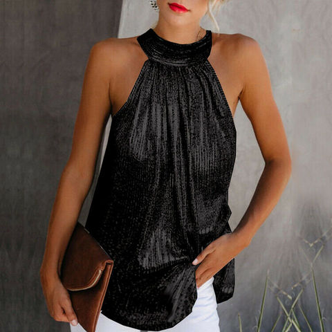 Camisetas sin mangas con cuello Halter para mujer, blusa informal sin mangas con cremallera con lentejuelas, ropa Formal ► Foto 1/6