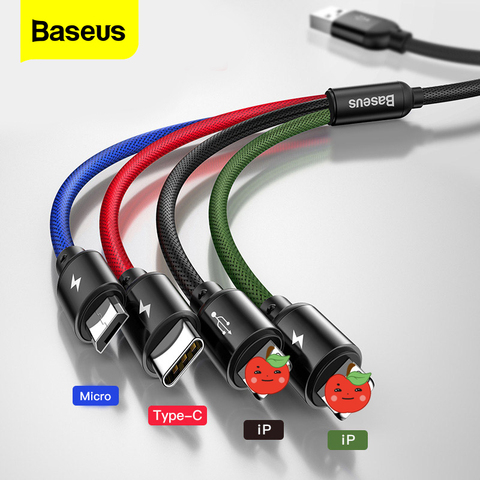 Baseus-Cable USB 3 en 1 para móvil, Cable de carga rápida 4 en 1, tipo C, tipo c, para iPhone 11 Pro Max XS XR 8 ► Foto 1/6