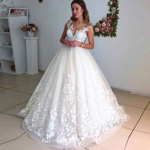 BEPEITHY-Vestido De Novia con cuello redondo, ropa De boda con Corpiño De encaje, sin mangas ► Foto 1/4