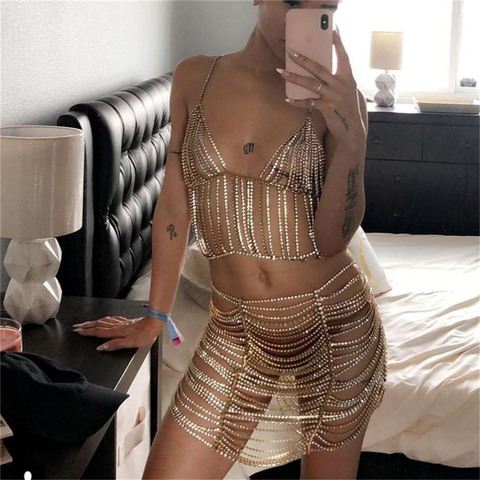 Camisola de Diamante dorado y plateado para mujer, Top corto con cuello Halter y escote sin espalda, cadena metálica de strass, ropa para discoteca ► Foto 1/1