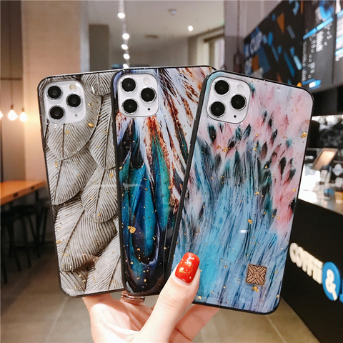 Funda de silicona brillante para iPhone, funda de silicona brillante con diseño de pluma dorada para iPhone 12 Mini 11 Pro Xs Max SE XR X 6 6s 7 8 Plus ► Foto 1/6