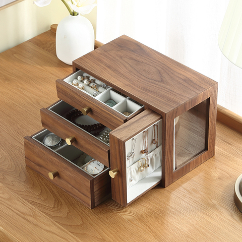 Casegrace-Caja organizadora grande de madera para joyería, 4 cajones, pendiente, anillo, collar, reloj, caja de almacenamiento ► Foto 1/6