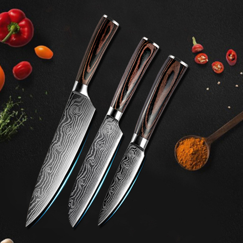 Juego de cuchillos de cocina, 3 uds. De cuchillos de Chef japoneses con patrón de damasco láser 440C de acero inoxidable para cortar carne Santoku, cuchillo de fruta ► Foto 1/6