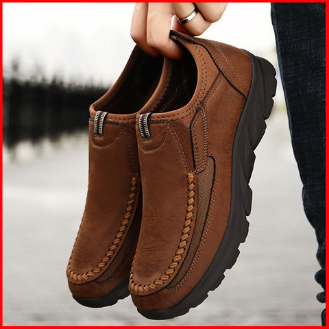 Zapatos informales de piel auténtica para hombre, zapatillas Retro, marrón, gris, hecho a mano, para padre, Otoño, 2022 ► Foto 1/6