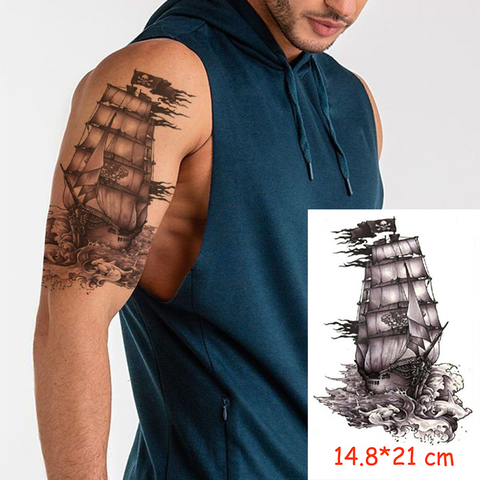 Pegatina de tatuaje temporal a prueba de agua, barco pirata, Calavera, bandera, tatuaje, transferencia de agua, Tatuaje falso, Flash, Tatto, mujer, hombre, Chico, 14,8*21 Cm ► Foto 1/6