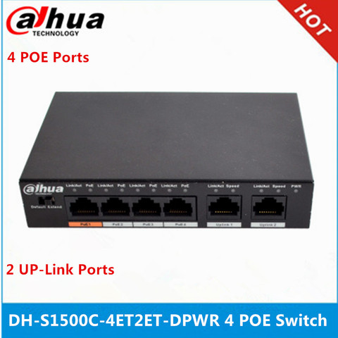 Dahua-interruptor PoE de 4 canales, DH-S1500C-4ET2ET-DPWR, conmutador Ethernet de 4 canales con 250m de potencia, distancia de tránsito, compatible con PoE + y Protocolo Hi-PoE ► Foto 1/4