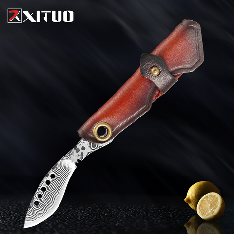 XITUO-cuchillo plegable Damasco Mini, navaja afilada para cocina al aire libre, cuchillo de bolsillo para llaves, cuchillo de pelar con mango de cuero exquisito ► Foto 1/6