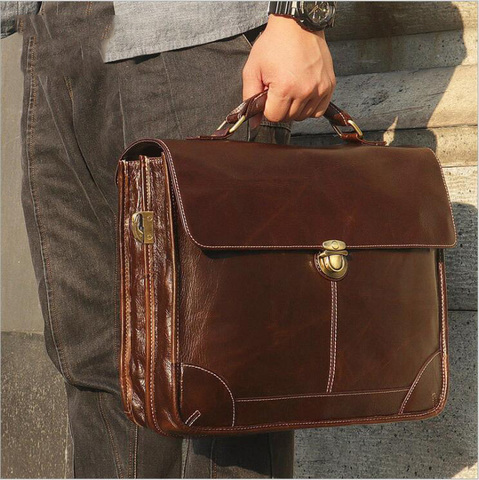 Bolso Retro de cuero genuino para ordenador portátil para hombre, maletín de piel encerada, bolsas de negocios para oficina, marrón, portafolio, bandolera ► Foto 1/6