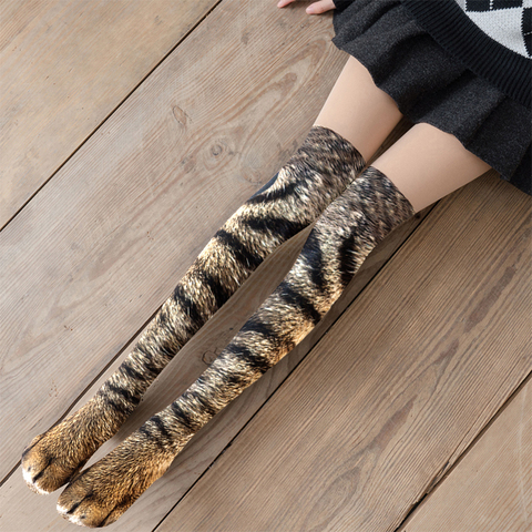 Calcetines por encima de la rodilla con huella de Animal para mujer, calcetín con dibujos de gato, Tigre, garra, estampado 3D ► Foto 1/6