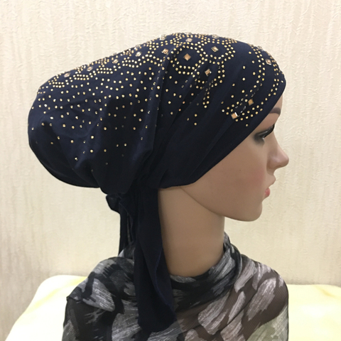 H088 de alta calidad musulmán sombreros con diamantes de imitación tirar bufanda islámica hijab turbante con banda elástica ► Foto 1/6