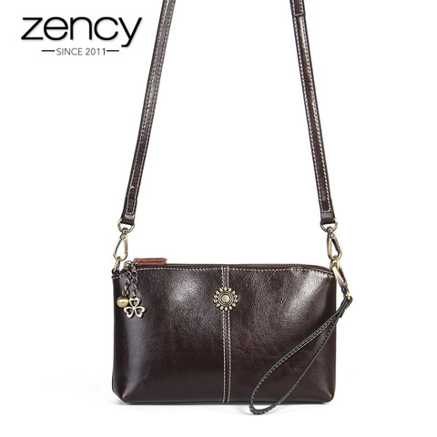 Zency-100% Retro de cuero genuino para mujer, Cartera de mano femenina, de día, bolsos de hombro tipo bandolera, color negro y marrón ► Foto 1/6