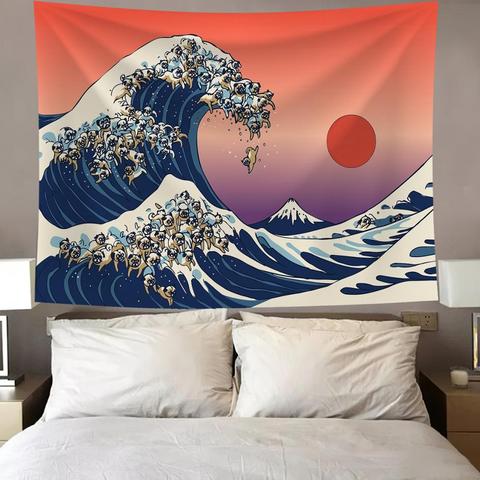 Olas al atardecer japonés tapiz colgante de pared decoración Boho sol montaña naturaleza paisaje Hippie perro dormitorio Mandala de pared alfombra Manta ► Foto 1/5