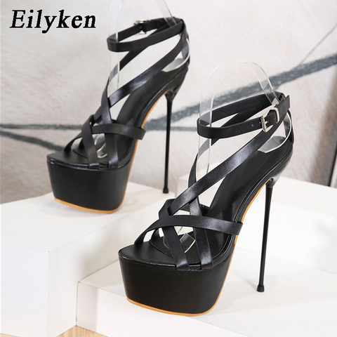 Eilyken-Sandalias de tacón alto de aguja para mujer, zapatos de plataforma con punta abierta y correa de hebilla en el tobillo, color negro, para verano, 2022 ► Foto 1/6