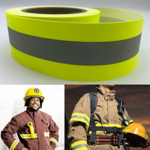 Tela fluorescente retardante del fuego reflectante, amarillo, cinta de advertencia para coser en la ropa ► Foto 1/6