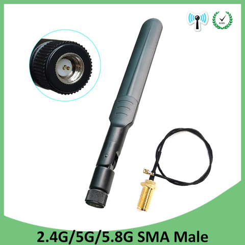 2,4 GHz, 5GHz, Antena de 5,8 Ghz 5dBi conector macho SMA wifi de doble banda Antena + 21cm RP-SMA hombre Cable Pigtail ► Foto 1/6