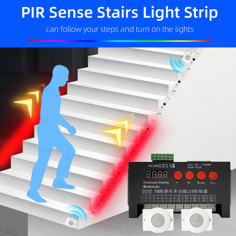 Tira de luces LED RGB direccionable para escalera de luz LED con sensor de movimiento, luz de noche para debajo del armario ► Foto 1/6