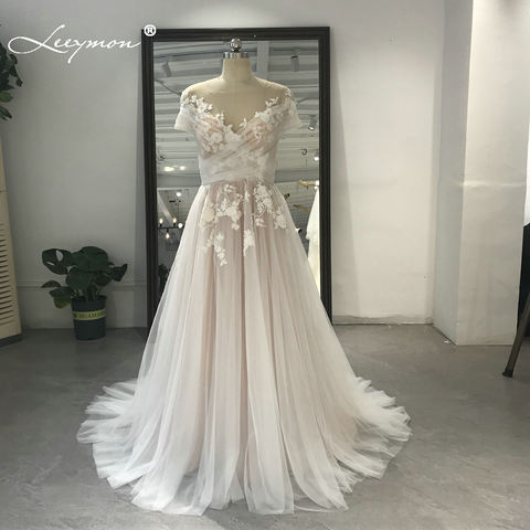 Leeymon-vestido de novia de tul de línea A, Apliques de encaje con cuentas, largo hasta el suelo, con cuello de barco ► Foto 1/6