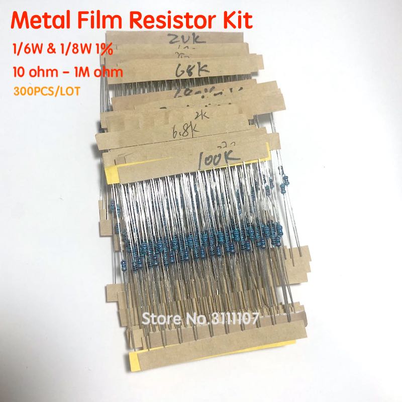 Kit de resistencias de película metálica, resistencia de anillo de Color 10R-1MR, 1/6W y 1/8W 300, 10 ohm - 1M ohm, juego surtido de resistencias, 30 valores, 1% Uds. ► Foto 1/3