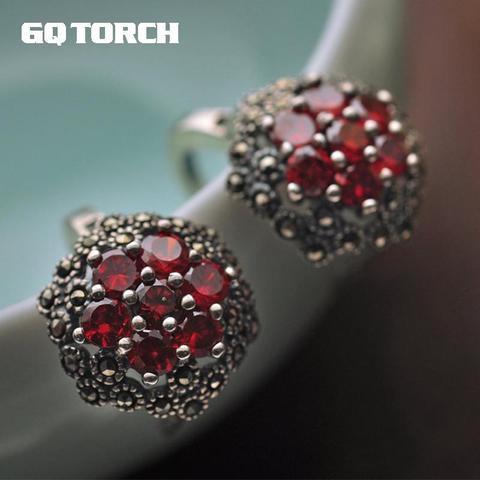 Plata de Ley 925 auténtica pendientes de flores hechos a mano Clip para mujer con incrustaciones de granate rojo piedra Natural estilo Vintage Brinco ► Foto 1/5