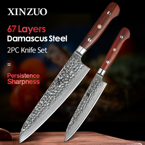 XINZUO-cuchillos de acero damasco Juego de Cuchillos de Cocina, herramienta de pelado, Santoku, Chef, para cortar pan, accesorios de cocina, 2 piezas ► Foto 1/6