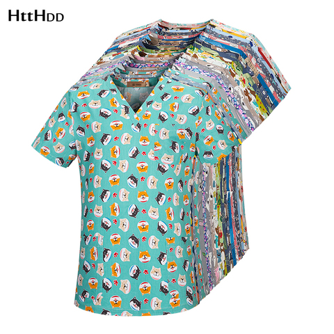 Htthdd-uniforme de algodón con estampado de cachorros, uniforme para salón de belleza, uniforme para enfermería, laboratorio, tienda de mascotas, ropa de trabajo ► Foto 1/6