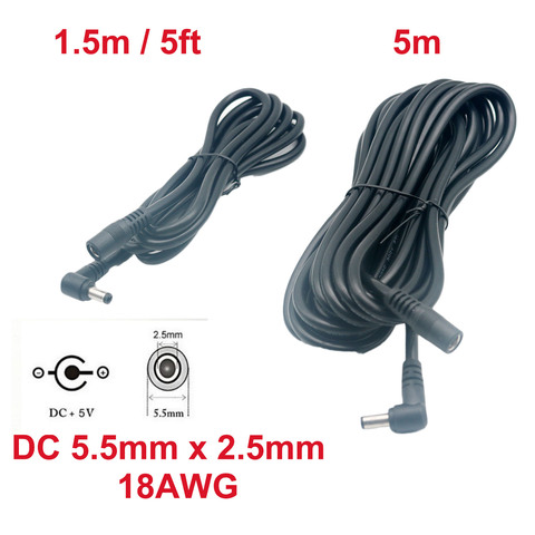 1pc DC cargador de 5,5mm x 2,5mm adaptador de Cable/Cable de extensión CCTV de 90 ° ángulo recto macho a hembra 18AWG 1,5 m/5ft 5m ► Foto 1/6