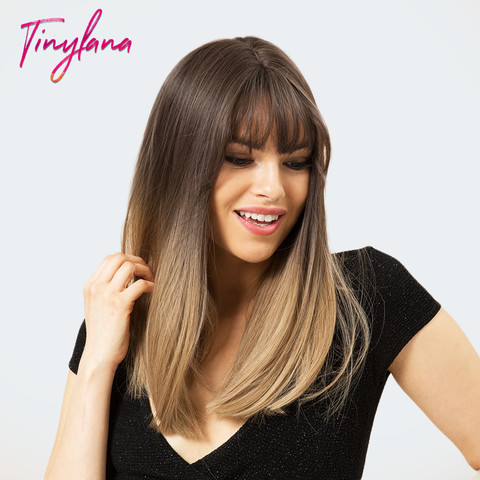 Pelucas de pelo sintético largo degradado, color marrón Rubio, pelucas de pelo sintético liso con flequillo para mujer, pelucas de fibra para Cosplay bobo Hair ► Foto 1/6