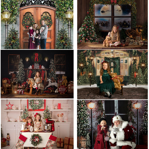 Fondo fotográfico de Navidad para estudio fotográfico, telón con ventanas y chimenea para sesión fotográfica, retrato de invierno con nieve, regalos de árbol de Navidad ► Foto 1/6