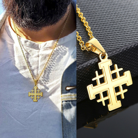 Cruz de Jerusalén Collar para hombres de COLOR oro colgante de acero inoxidable ISRAEL joyas con 24 pulgadas ► Foto 1/6