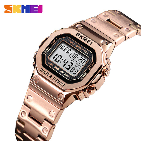 Reloj Digital de moda Retro SKMEI 30M impermeable multifunción reloj correa de acero inoxidable reloj digital mujer 1433 reloj ► Foto 1/6