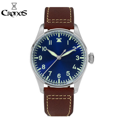 Cronos Pilot Flieger, reloj mecánico para hombre, acero inoxidable, superluminoso, zafiro, cristal, esqueleto, correa trasera de cuero ► Foto 1/6