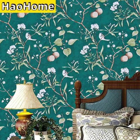 HaoHome melocotonero cáscara y el palo papel pintado verde moderno flor y pájaro impermeable extraíble, Auto adhesivo papel pintado ► Foto 1/6