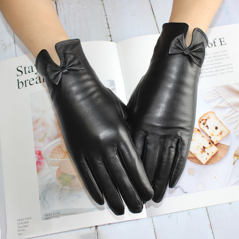 ¡Novedad de 2022! Guantes negros Bickmods de piel auténtica para mujer con lazo de piel de oveja y forro de terciopelo que mantienen el calor en el invierno ► Foto 1/6