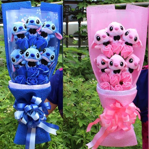 Peluches de Lilo & Stitch de dibujos animados, ramo en caja de regalo, Stich, con flores falsas, regalo para fiesta de boda, envío directo ► Foto 1/6