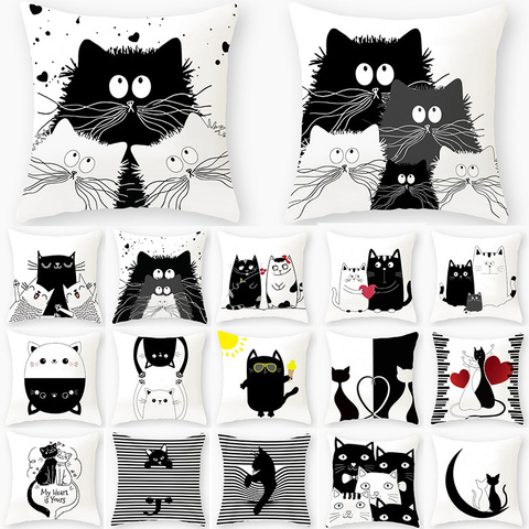 Funda de almohada para gato, cubierta de cojín divertida y bonita, 45x45, de poliéster, para almohada cubierta sofá, decoración del hogar y la habitación, color negro, 40889 ► Foto 1/6