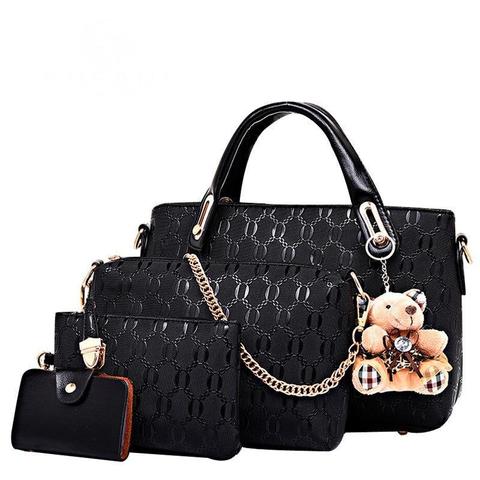 Conjunto de 4 Uds. De bolsos con colgante de oso para mujer, bolso de hombro para chica, bandolera informal de cuero PU A LA MODA ► Foto 1/1