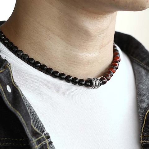 Collar de cuentas de acero inoxidable con ojo de tigre para hombre y mujer, Gargantilla de piedras naturales, color rojo mezclado, LTNB00103 ► Foto 1/6