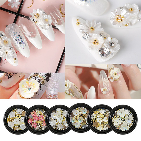 Carcasa artística de uñas joyería de flores ópalo perla japonesa remache diamante 3D arte de uñas encantos, flores de concha, joyería de aleación, diamantes de imitación, ► Foto 1/6