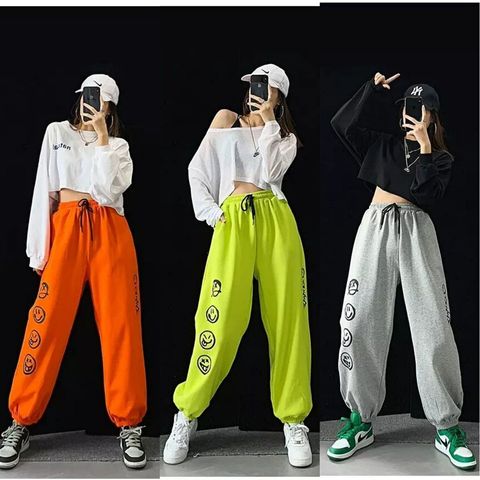 Smiley-pantalones de chándal de Hip hop para mujer, ropa de calle de baile callejero, fluorescente, color verde, de talla grande ► Foto 1/6