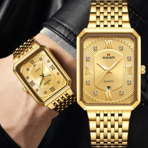 Relojes dorados de lujo para hombre, relojes de pulsera de cuarzo de diseñador de marca superior, reloj de diamante rectangular creativo, resistente al agua, Masculino ► Foto 1/6